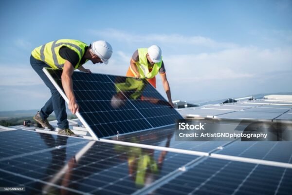 "Two workers installing solar panels on a rooftop under clear skies"