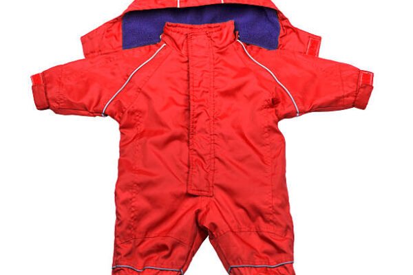 Bright red baby snowsuit with a hood designed for cold weather protection.