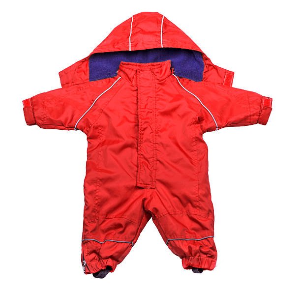 Bright red baby snowsuit with a hood designed for cold weather protection.