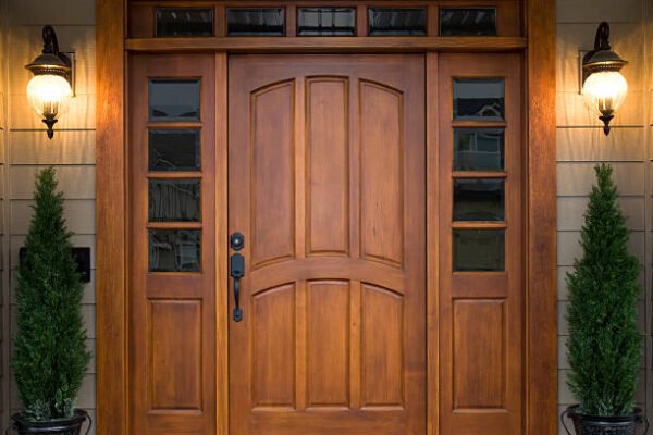 "Elegant wooden front door with sidelights and transom windows"