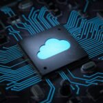 Cloud computing concept with glowing cloud icon on a circuit board