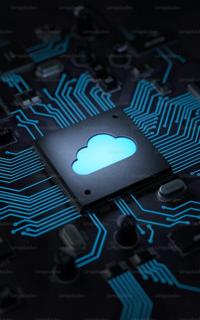 Cloud computing concept with glowing cloud icon on a circuit board