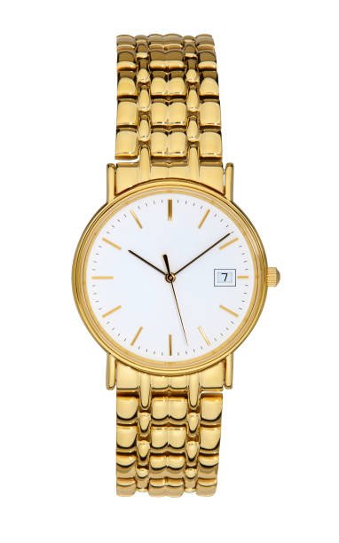 "Elegant gold watch with a sleek white dial and date display, featuring a polished gold bracelet design for timeless style."