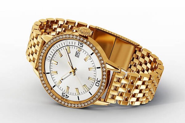 "Luxury gold watch with diamond accents and white dial, featuring a gold link bracelet for a premium look."