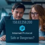 Two business professionals analyzing 158.63.258.200 Internet Protocol address on a laptop, questioning if it is safe or dangerous.