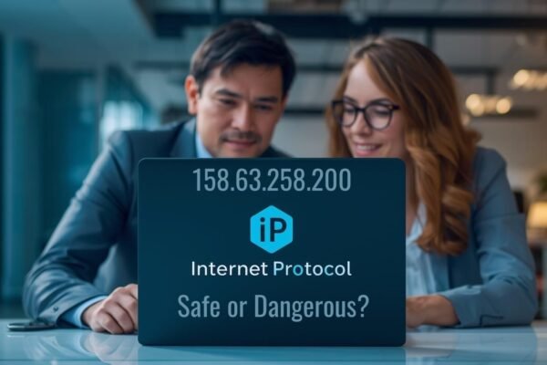 158.63.258.200 Revealed – Safe or Dangerous? Two business professionals analyzing 158.63.258.200 Internet Protocol address on a laptop, questioning if it is safe or dangerous.
