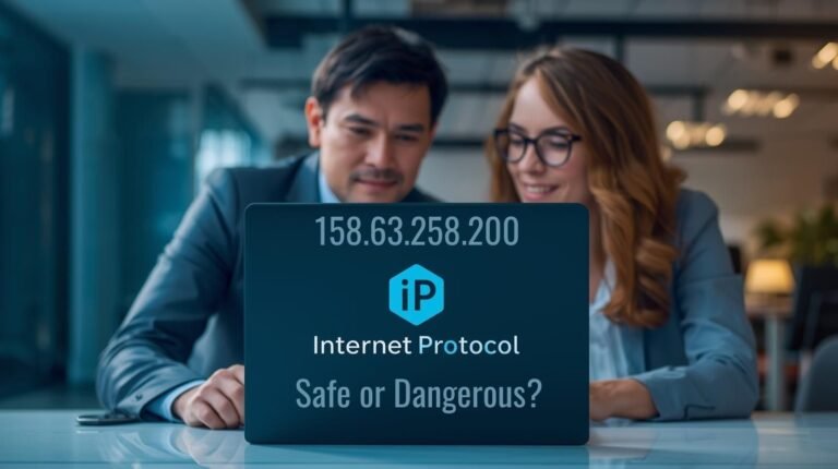 Two business professionals analyzing 158.63.258.200 Internet Protocol address on a laptop, questioning if it is safe or dangerous.