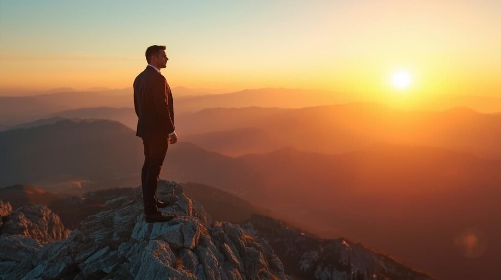 Aidas Simkunas standing on a mountain peak at sunrise, symbolizing success, leadership, and personal growth.