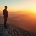 Aidas Simkunas standing on a mountain peak at sunrise, symbolizing success, leadership, and personal growth.