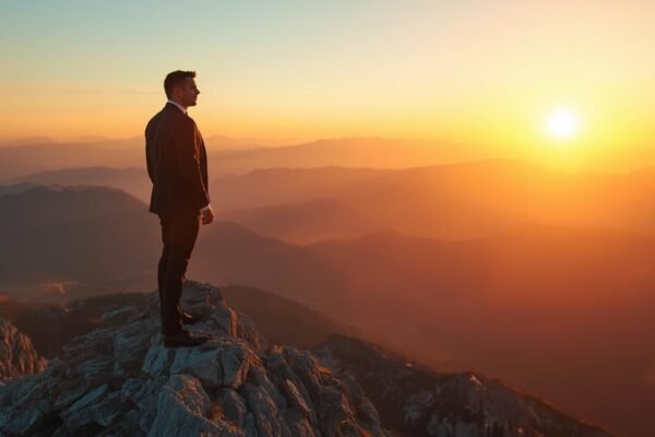 Aidas Simkunas: The Inspiring Journey to Success Aidas Simkunas standing on a mountain peak at sunrise, symbolizing success, leadership, and personal growth.