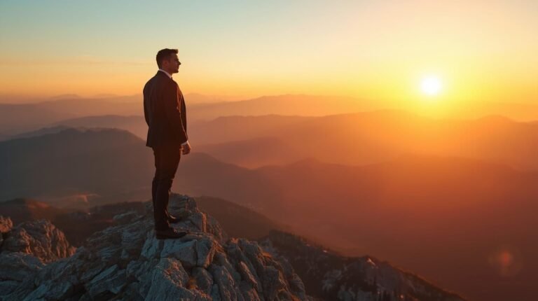 Aidas Simkunas standing on a mountain peak at sunrise, symbolizing success, leadership, and personal growth.