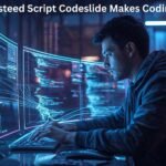 Devsteed Script Codeslide Makes Coding Effortless A focused developer coding on futuristic curved monitors using Devsteed Script Codeslide, surrounded by glowing blue interface lights in a modern workspace.
