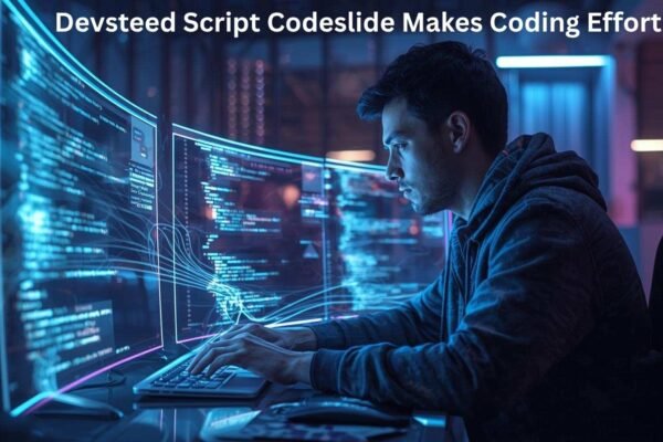 Devsteed Script Codeslide Makes Coding Effortless A focused developer coding on futuristic curved monitors using Devsteed Script Codeslide, surrounded by glowing blue interface lights in a modern workspace.