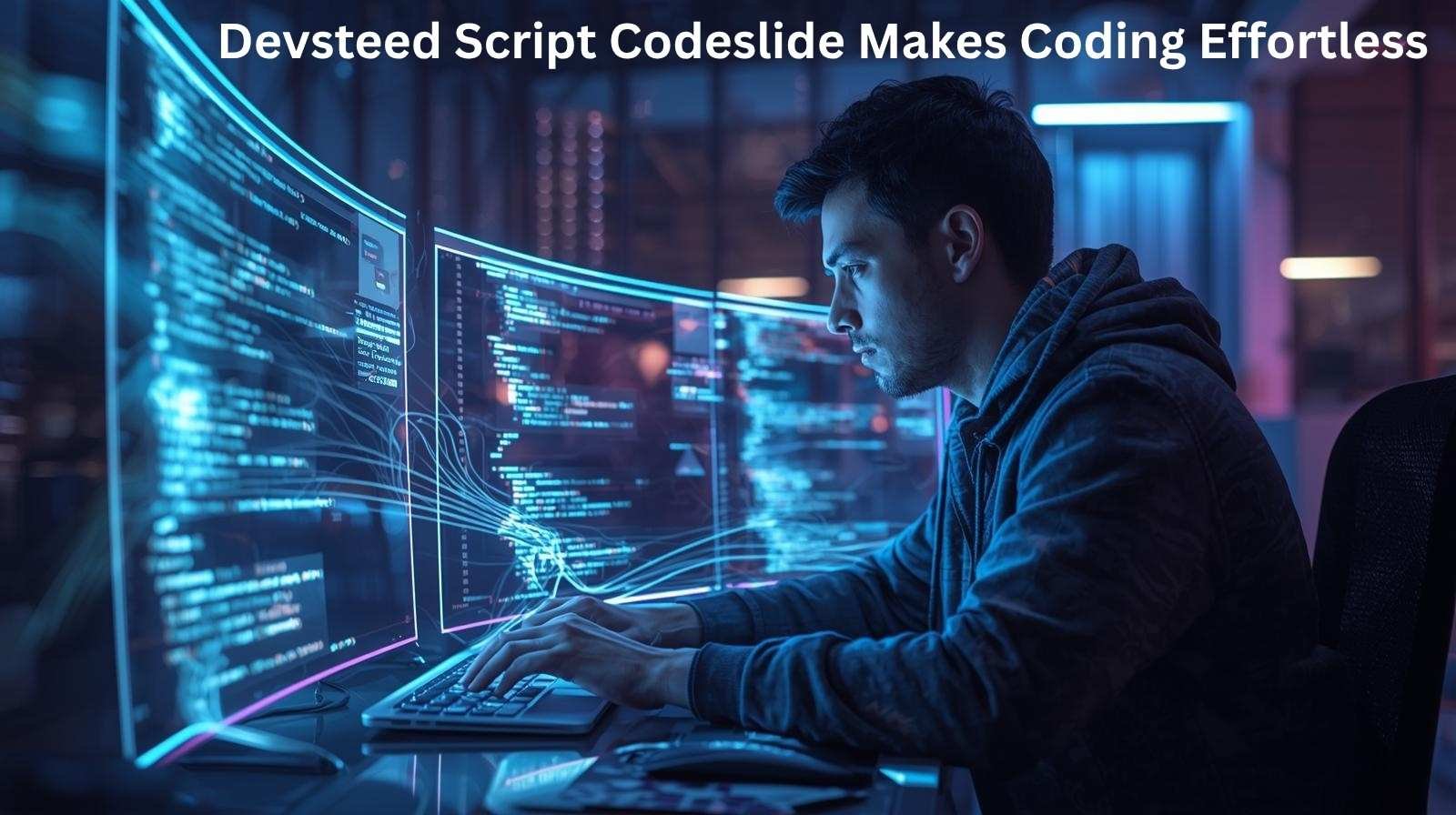 A focused developer coding on futuristic curved monitors using Devsteed Script Codeslide, surrounded by glowing blue interface lights in a modern workspace.