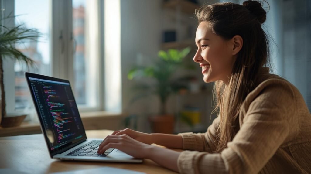 Woman developer coding on a laptop using Devsteed Script Codeslide in a cozy modern office with glowing colorful code on the screen.
