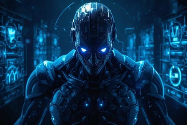 Futuristic robotic figure with glowing blue eyes in a digital control room, representing the mysterious auztron bot concep