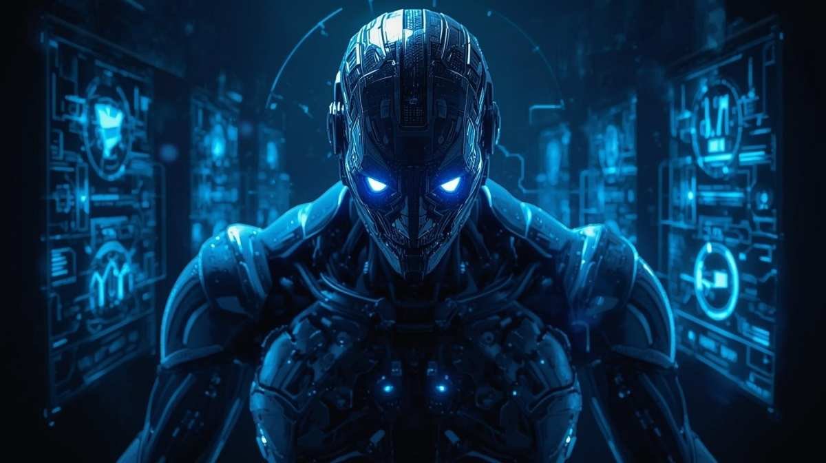 Futuristic robotic figure with glowing blue eyes in a digital control room, representing the mysterious auztron bot concep