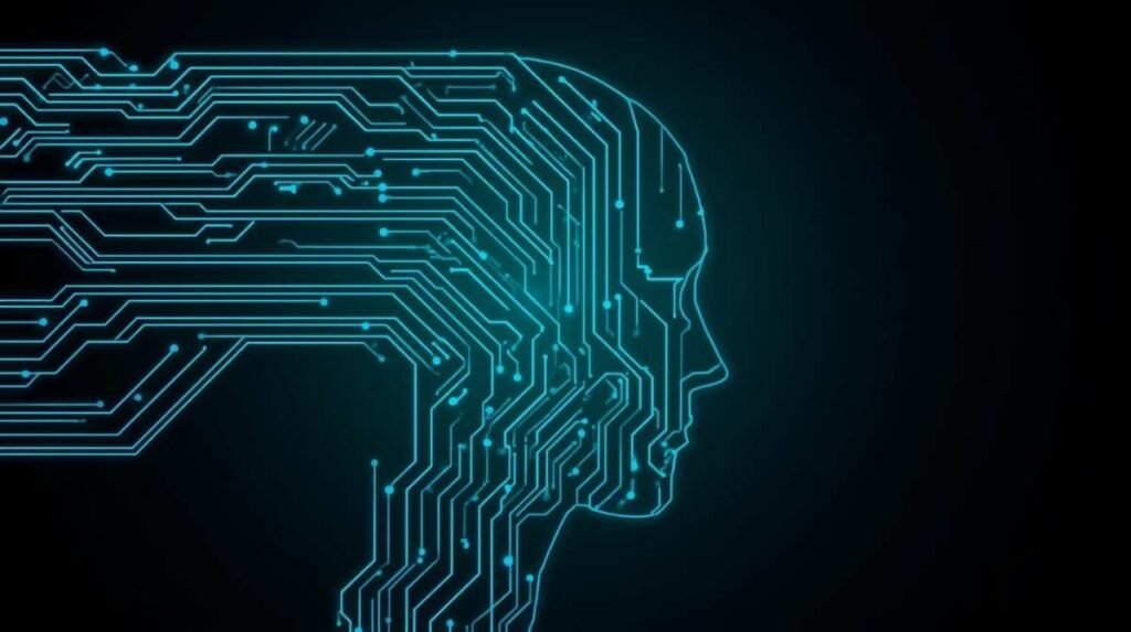 Futuristic robotic figure with glowing blue eyes in a digital control room, representing the mysterious auztron bot concept