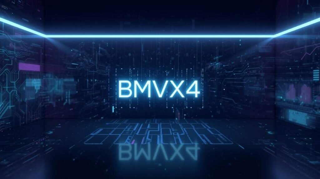 A futuristic digital interface displaying the term bmvx4 in glowing neon light, surrounded by abstract tech patterns.