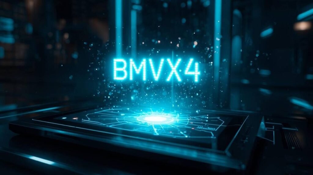 A futuristic digital interface displaying the term bmvx4 in glowing neon light, surrounded by abstract tech patterns.