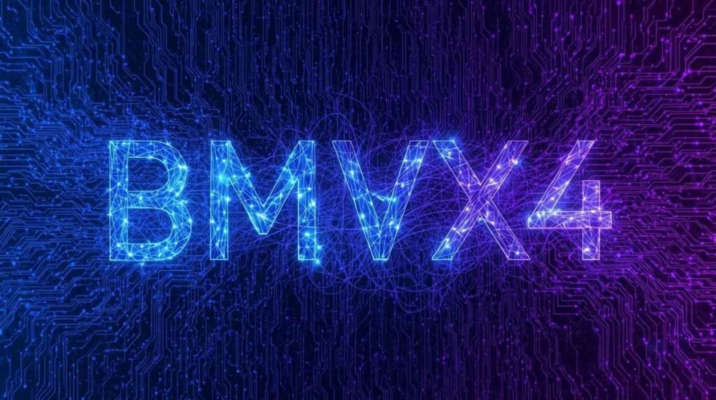 A futuristic digital interface displaying the term bmvx4 in glowing neon light, surrounded by abstract tech patterns.