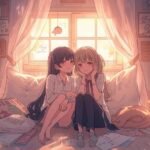 Two anime girls sharing a cozy bedroom moment, illustrating doujen moe through gentle emotion, fan creativity, and slice-of-life warmth.