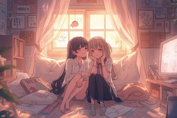 Two anime girls sharing a cozy bedroom moment, illustrating doujen moe through gentle emotion, fan creativity, and slice-of-life warmth.