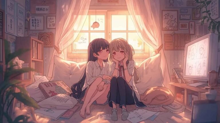 Two anime girls sharing a cozy bedroom moment, illustrating doujen moe through gentle emotion, fan creativity, and slice-of-life warmth.