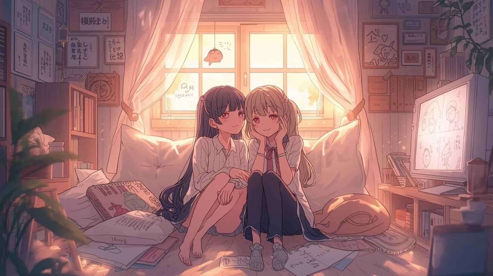 Two anime girls sharing a cozy bedroom moment, illustrating doujen moe through gentle emotion, fan creativity, and slice-of-life warmth.