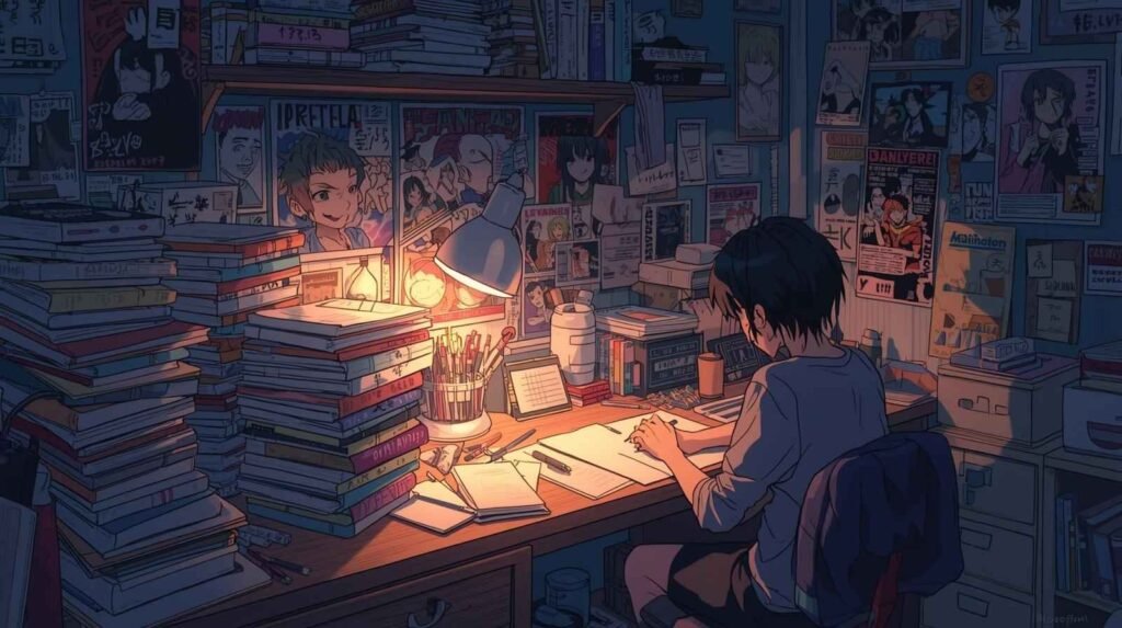 Anime fan artist working late at a cluttered desk, capturing doujen moe through quiet dedication, creativity, and emotional storytelling.