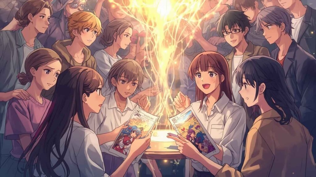 Fans gathered around sharing doujin comics, expressing doujen moe through collective enthusiasm, emotional connection, and fan culture.