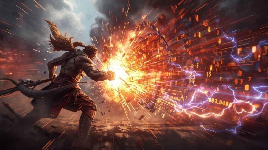 A powerful explosion and lightning burst as a warrior uses data-driven skills in the players infoguide by dmgconselistas.