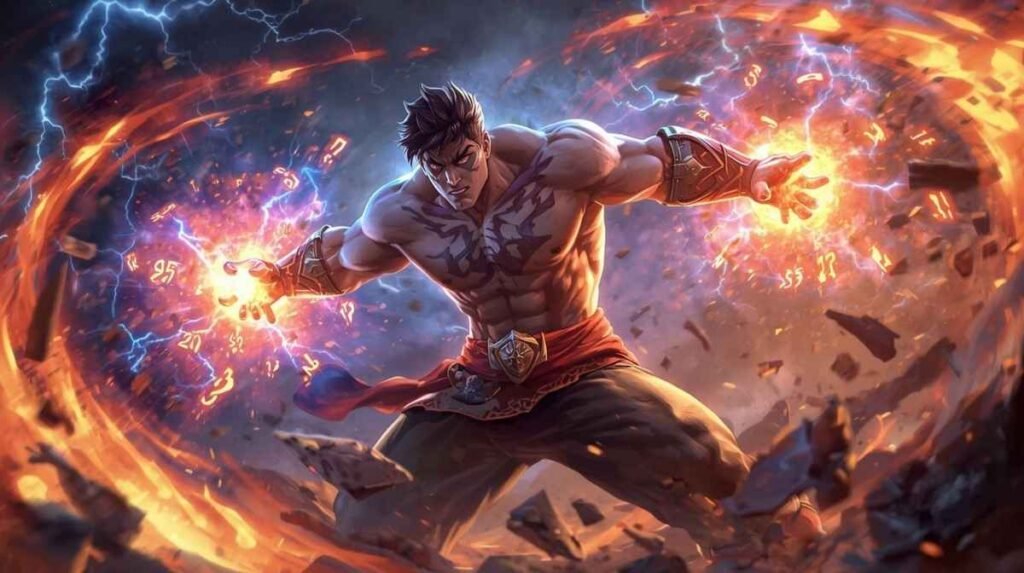 A powerful explosion and lightning burst as a warrior uses data-driven skills in the players infoguide by dmgconselistas.