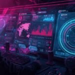 A futuristic digital dashboard displaying stats and global data for players in an infoguide with dmgconselistas.