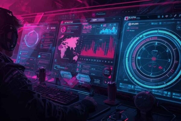 A futuristic digital dashboard displaying stats and global data for players in an infoguide with dmgconselistas.