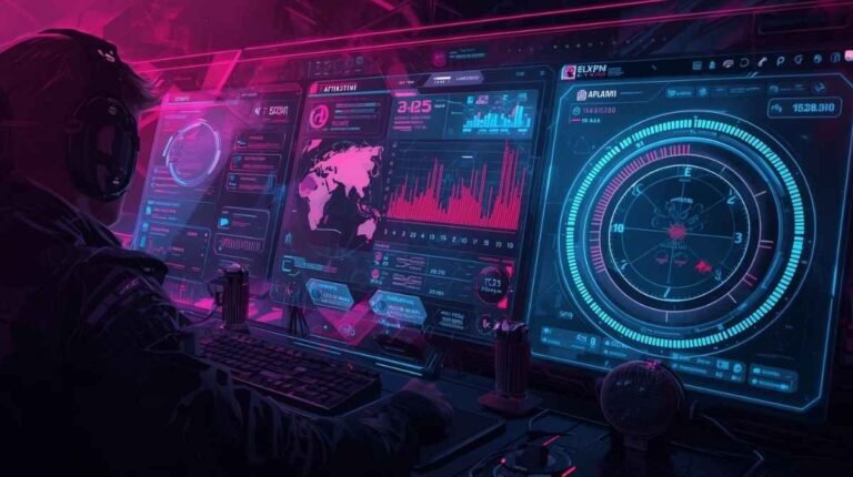 A futuristic digital dashboard displaying stats and global data for players in an infoguide with dmgconselistas.