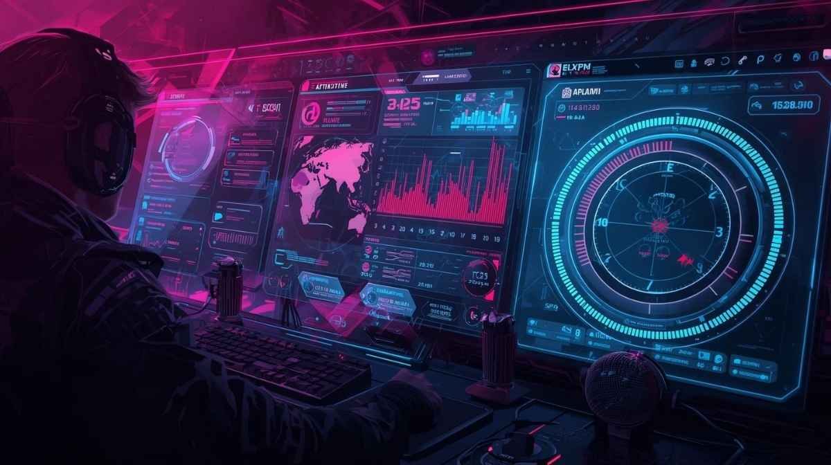 A futuristic digital dashboard displaying stats and global data for players in an infoguide with dmgconselistas.