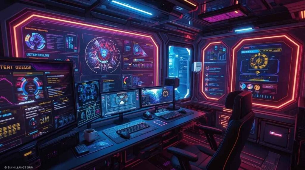 A futuristic dashboard for players displaying real-time data and analytics in an infoguide by dmgconselistas.