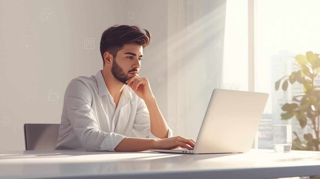 A focused professional working on a laptop in a bright modern office, showcasing innovation and productivity at renas tech.