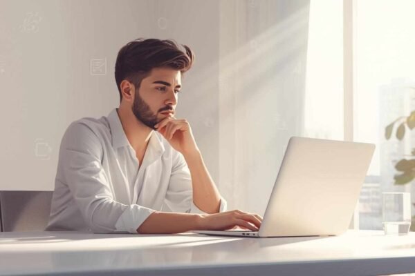 A focused professional working on a laptop in a bright modern office, showcasing innovation and productivity at renas tech.
