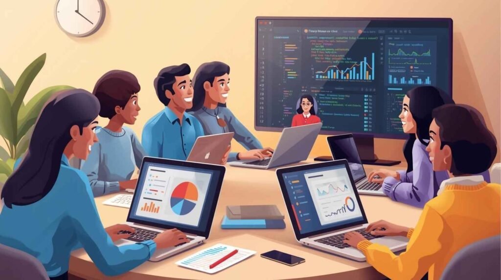 A focused professional working on a laptop in a bright modern office, showcasing innovation and productivity at renas tech.