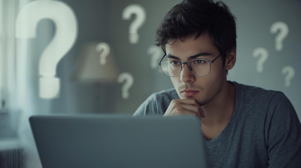A person researching June Baranco on a laptop, surrounded by question marks symbolizing online curiosity and investigation.
