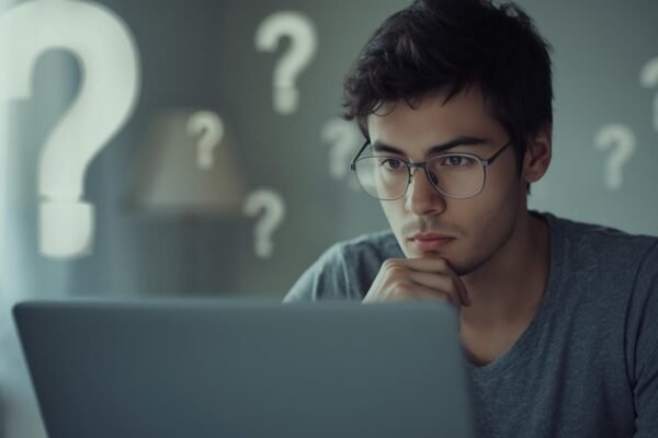 A person researching June Baranco on a laptop, surrounded by question marks symbolizing online curiosity and investigation.