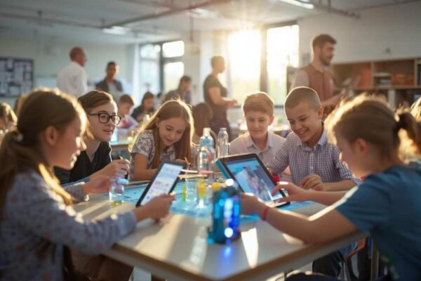 Students engaged in a lively classroom activity using tablets, reflecting the energy and collaboration behind sosoactive education.