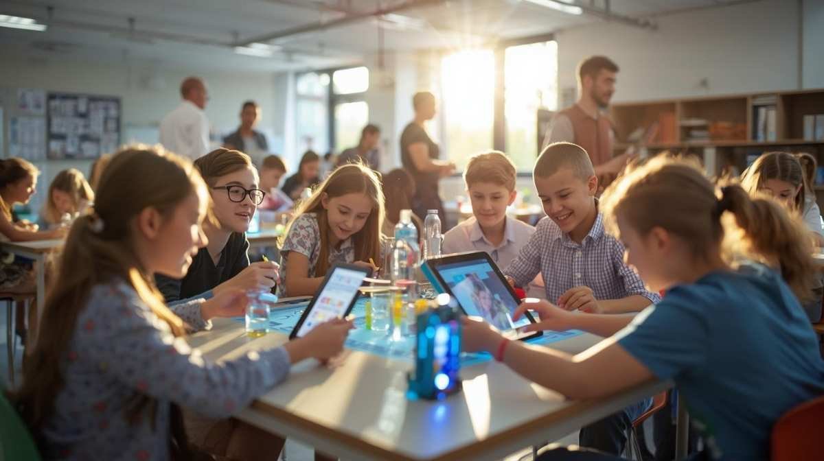 Students engaged in a lively classroom activity using tablets, reflecting the energy and collaboration behind sosoactive education.