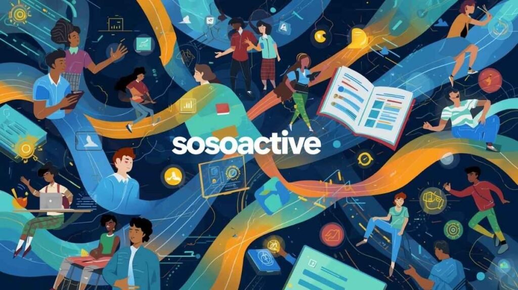 A vibrant illustration of students learning and collaborating through digital tools, symbolizing the dynamic nature of sosoactive education.