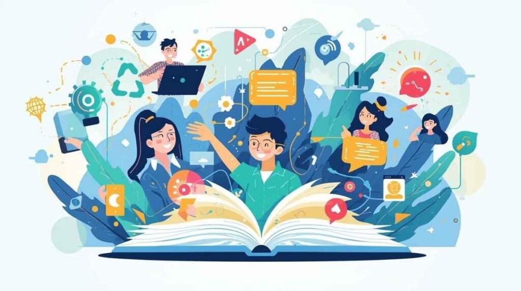 A vibrant illustration of students learning and collaborating through digital tools, symbolizing the dynamic nature of sosoactive education.