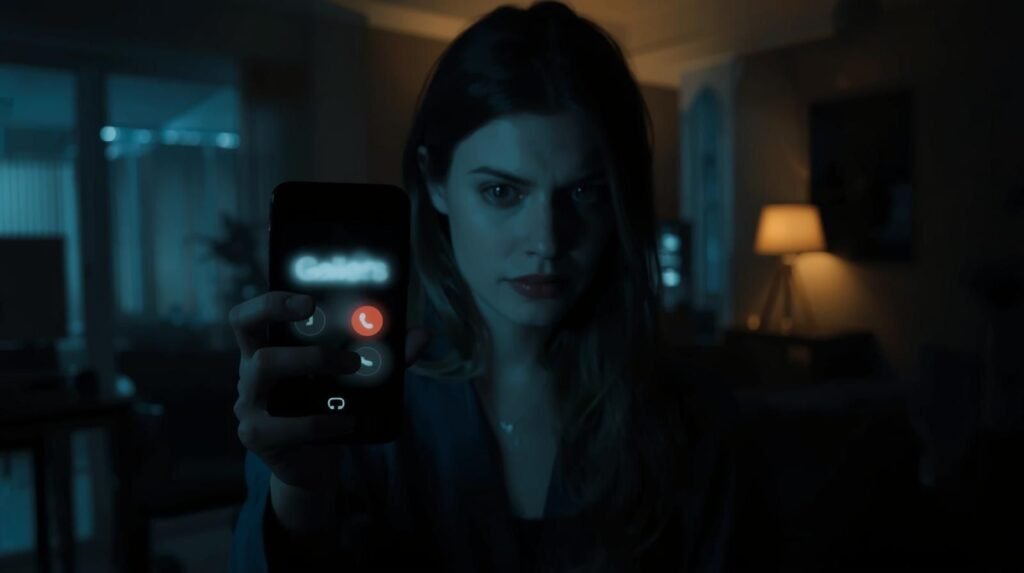A woman holding a smartphone at night, showing an incoming call from 616-952-2607 in a tense, dimly lit room.