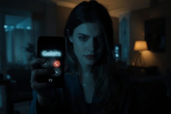 A woman holding a smartphone at night, showing an incoming call from 616-952-2607 in a tense, dimly lit room.