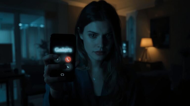 A woman holding a smartphone at night, showing an incoming call from 616-952-2607 in a tense, dimly lit room.